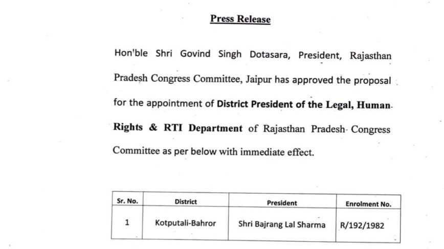 कांग्रेस में बड़ा दायित्व: बजरंग लाल शर्मा बने जिलाध्यक्ष